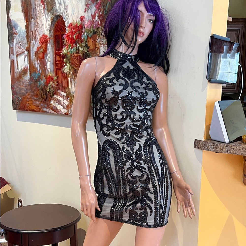 Hot Miami Styles S Black Victorian Sequins Nude Illusion bodycon Dress